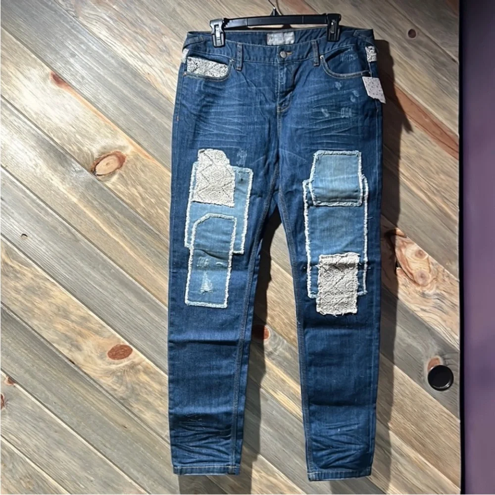 NWT Free People Haynes Wash Patchwork Crochet low rise straight leg jeans Sz 31 - Picture 1 of 8